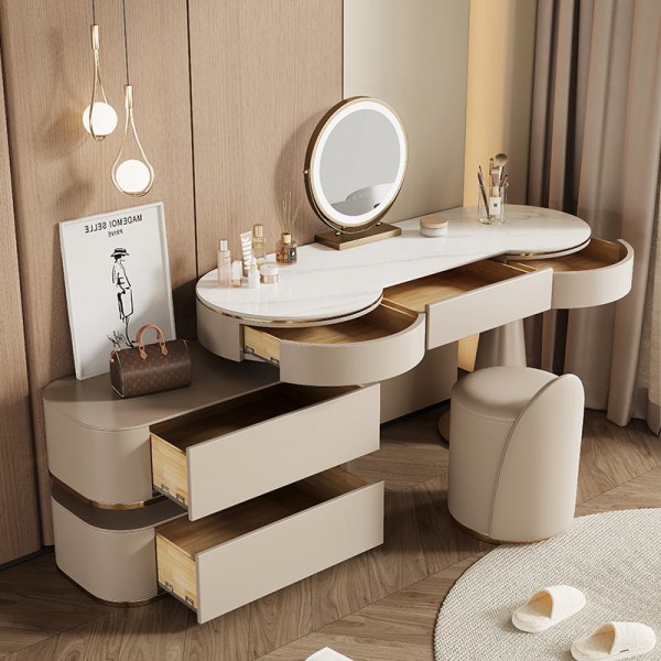 Modern Bedroom Furniture Set Lighted Makeup Vanity Table with Mirror and Drawers Wood for Apartment Use