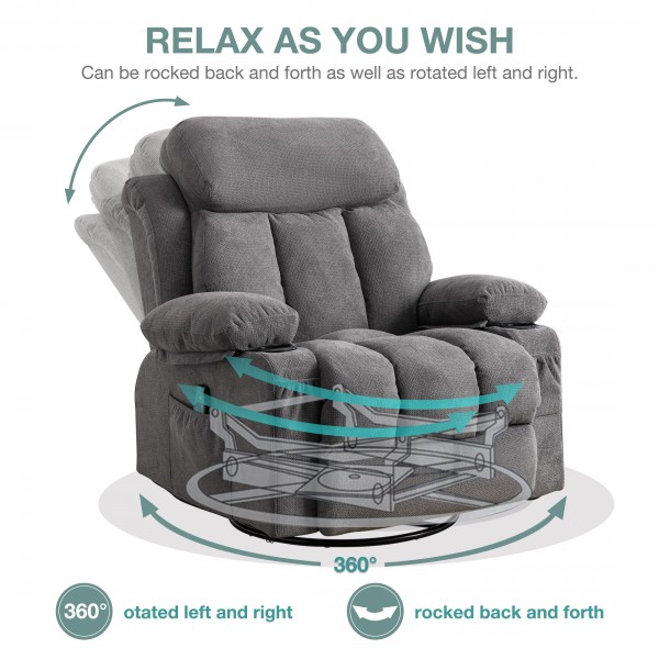 Gray Color Fabric Rocking Rotating Recliner Chair With Massage and Heated