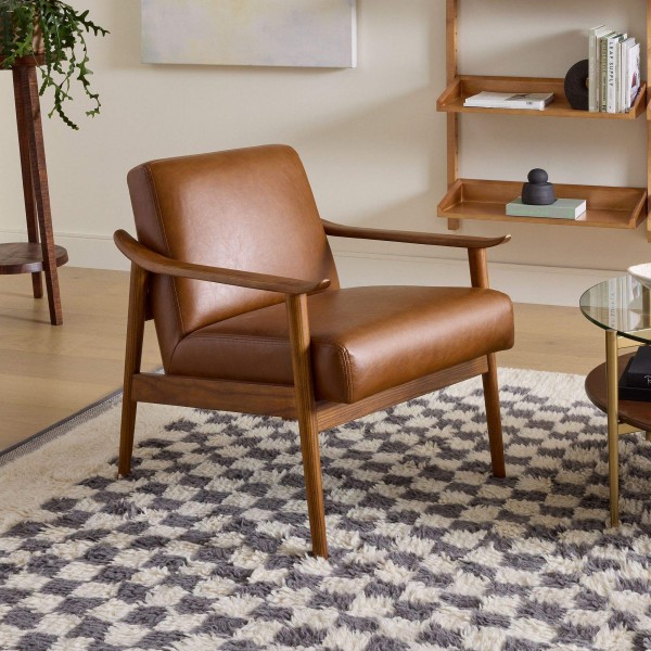 Mid Century Chair Leather Luxury Modern Style Solid Teak Wood Frame Living Room Furniture Wooden Chairs Furniture