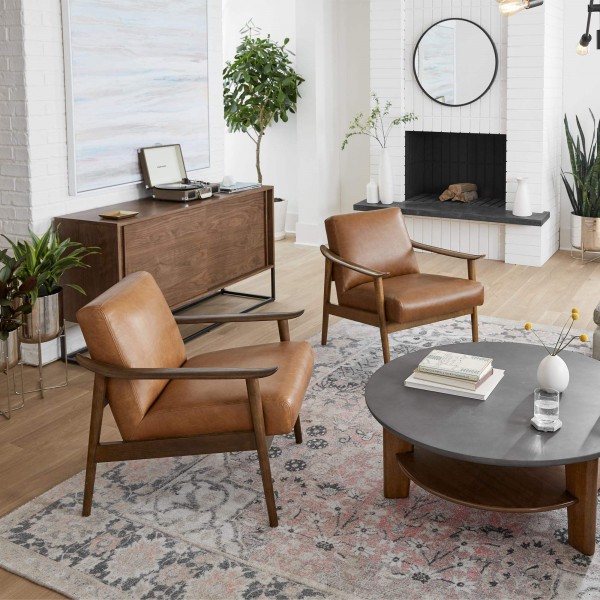 Mid Century Chair Leather Luxury Modern Style Solid Teak Wood Frame Living Room Furniture Wooden Chairs Furniture