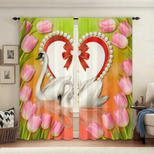 2pcs Valentine's Day window screen manufacturer supplies cross-border Amazon 3D digital printed fabric curtains and window screens