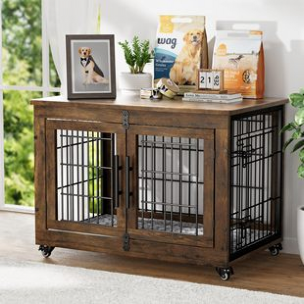 Dog box furniture with mats, dog cage with wheels, indoor double door wooden dog kennel, cross-border factory direct sales