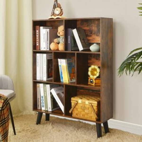 Cross border rural brown independent open bookshelf retro wooden bookshelf with tripod bookshelf storage rack trendy