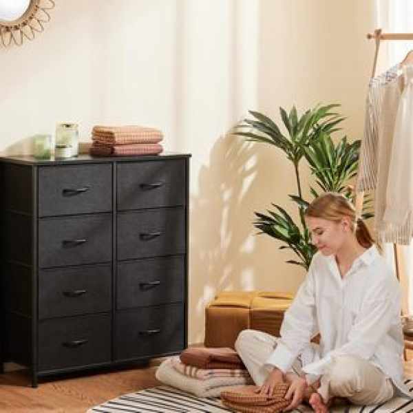 Dark black drawer organizer storage drawer with eight fabric storage towers and steel frame drawer cabinets, modern and minimalist