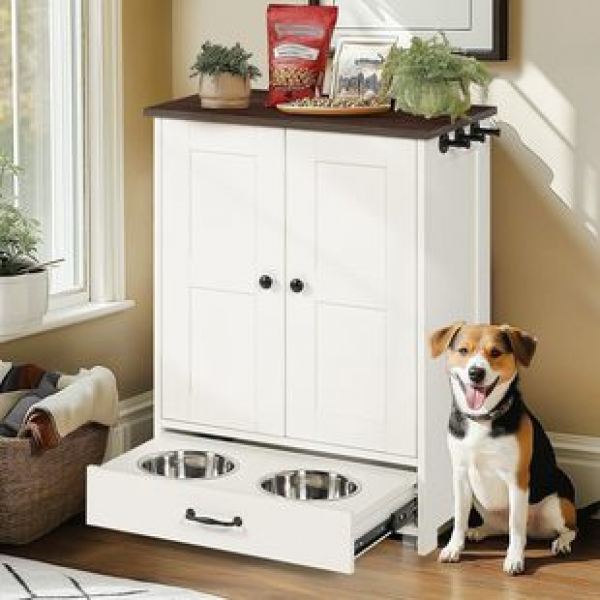 Concealed high footed bowl feeding container with hook, multifunctional and multi storage pet food feeding station storage cabinet