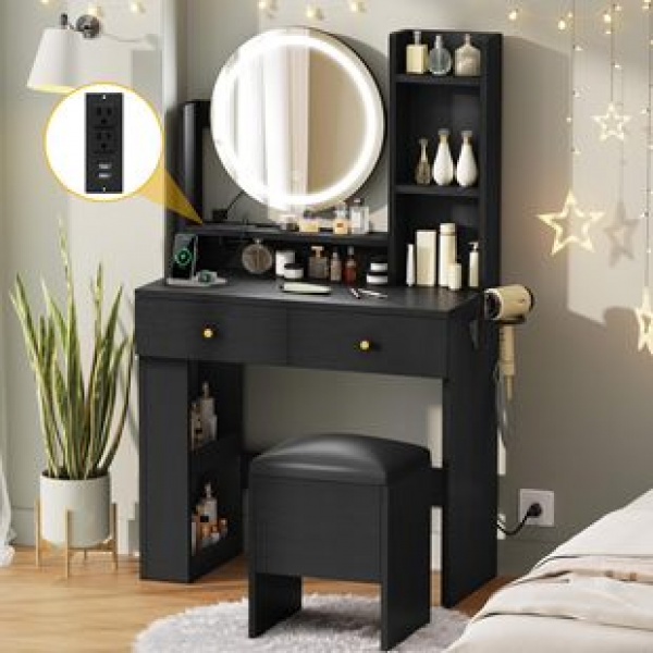 Charging station, dressing table, small space, bedroom, dressing table, adjustable with 3 lighting options, 31.5 "black LED illuminated mirror