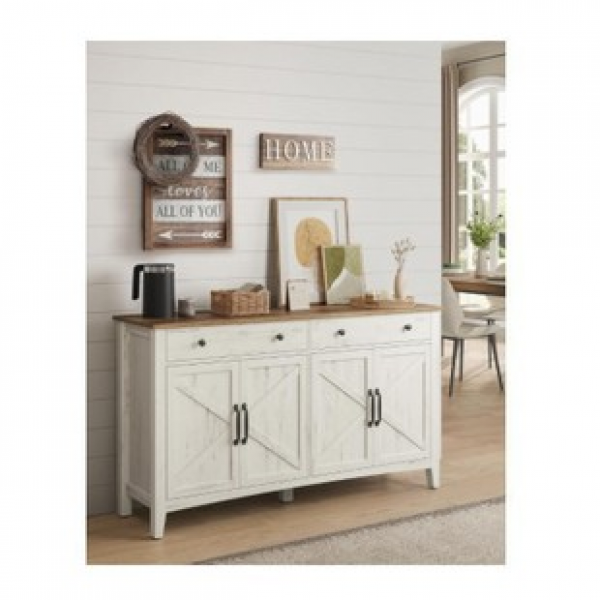 Adjustable shelves, side cabinets with cable holes, drawer dividers, modern minimalist white ribbon, two drawers