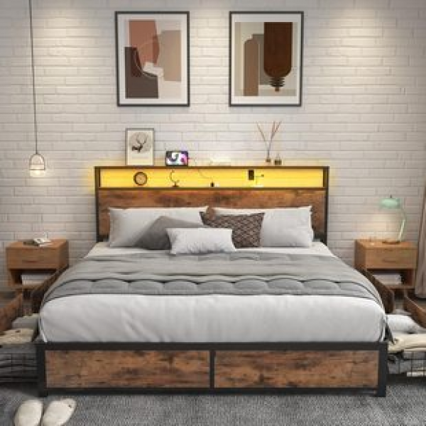 Retro brown built-in charging station LED light, silent wooden belt, double-layer storage headboard with 4 storage drawers, trendy