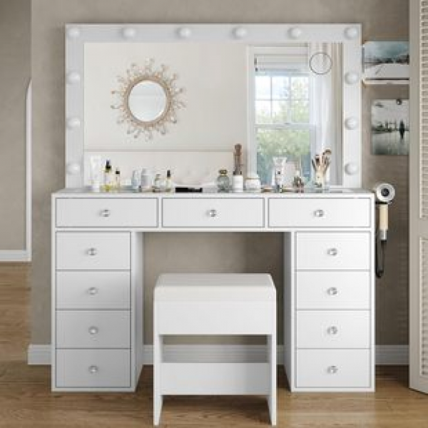 Tri color LED light mirror, power socket, drawer storage, dressing table, bedroom, farmhouse, dressing table with stool set, trendy