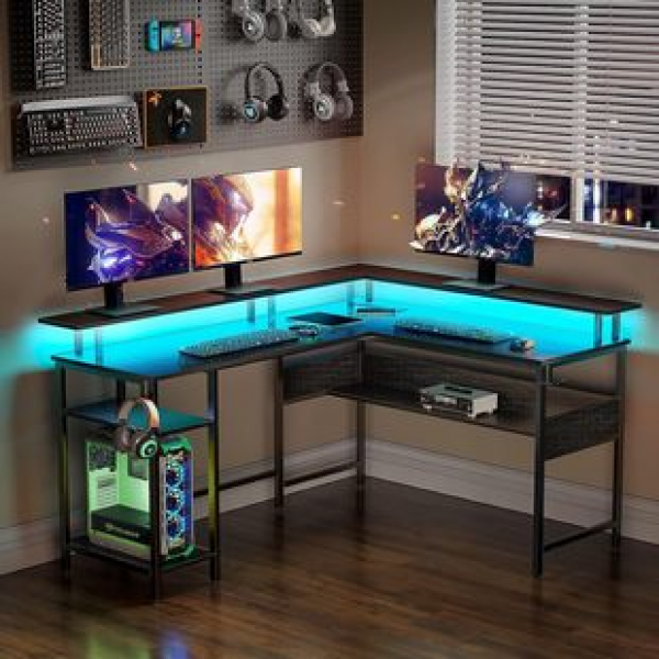 Cross border manufacturer direct sales charging port, simple computer desk, combined office desk, LED light bookshelf, student desk