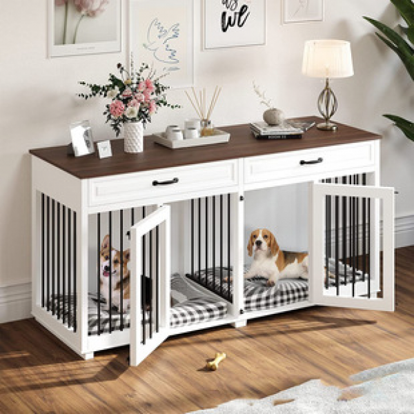 Cross border manufacturer direct sales of large dog cage furniture, wooden dog cage with 2 drawers and partitions, heavy-duty dog cage furniture