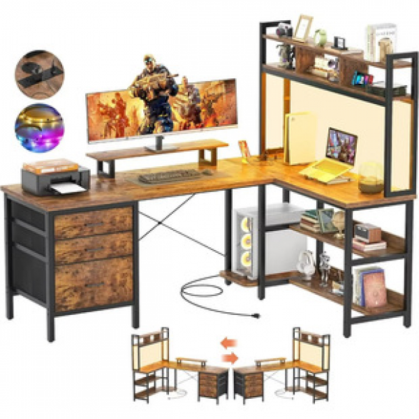 L-shaped corner desk, bookshelf integrated desk, anti-collision rounded corner computer desk, home student writing desk, bedroom trendy
