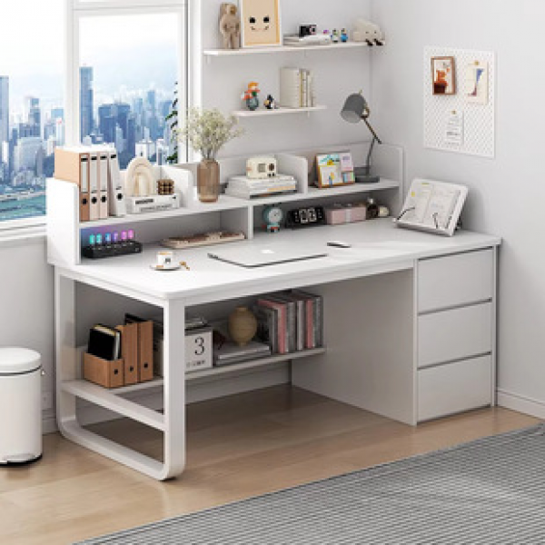 Study desk storage with bookshelves and student storage drawers, white wooden furniture, modern luxury office computer desk