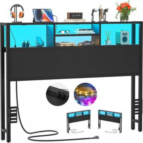 Headboard with socket, USB interface and LED light. Height adjustable, reversible, sturdy and stable. Headboard and bed frame