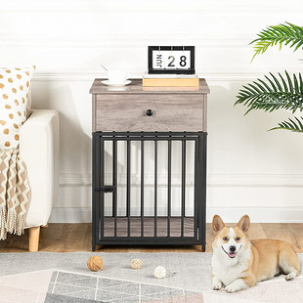 Indoor pet box, end table, steel pipe, dog cage, edge table, iron wood furniture, dog cage furniture, wooden dog house with drawers, dog bed