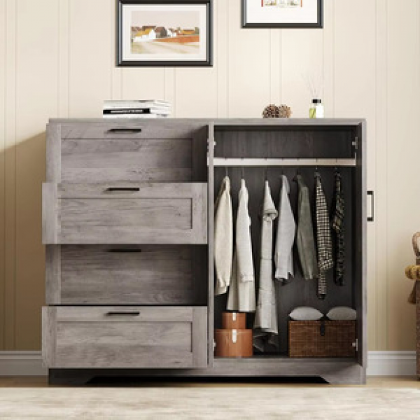 Cross border multifunctional wooden wardrobe with 4 drawers, 2 doors, bedroom, bathroom cabinet, hanging pole, dressing table
