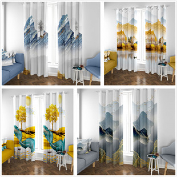Chinese style minimalist landscape bedroom bay windows, floor to ceiling non perforated blackout curtains, digital printing with Chinese style
