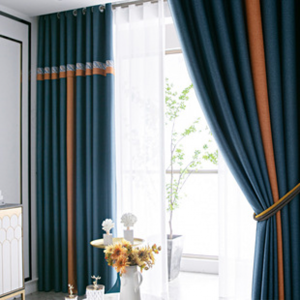 Diamond linen full blackout curtain fabric, new Chinese style insulation living room bedroom solid color splicing cotton linen finished fabric curtain