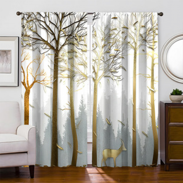 2pcs New Golden Forest Pattern Cross border Manufacturer Supply Living Room Bedroom Digital Printing High Precision Curtains