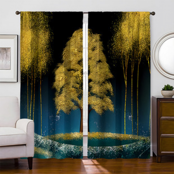 2pcs New Gold Forest Gold Mountain Pattern Cross border Manufacturer Supply Living Room Bedroom Digital Printing High Precision Curtains