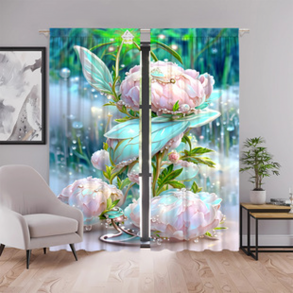 Manufacturer direct sales popular 2pcs fresh peony home decoration curtains 3D digital printing split pole curtains