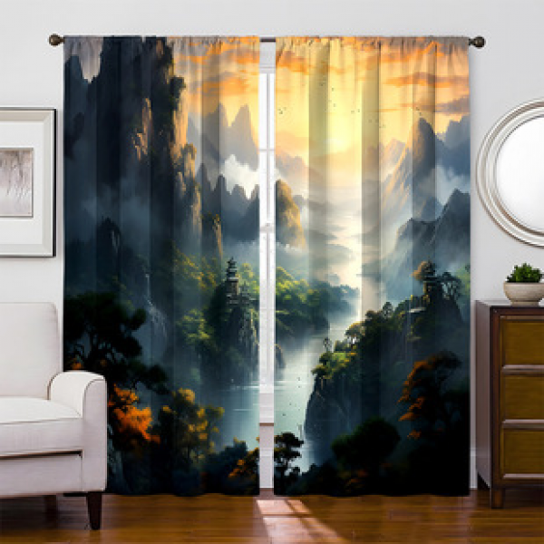 2pcs factory direct sales of Chinese style landscape painting series patterns, home decoration curtains, 3D digital printing fabric windows