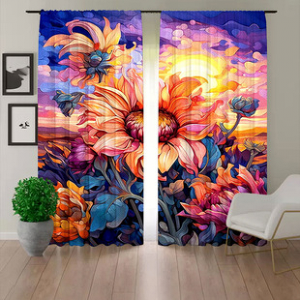 2pcs factory direct sales sunflower flower curtains cross-border direct supply 3D digital printed fabric curtains