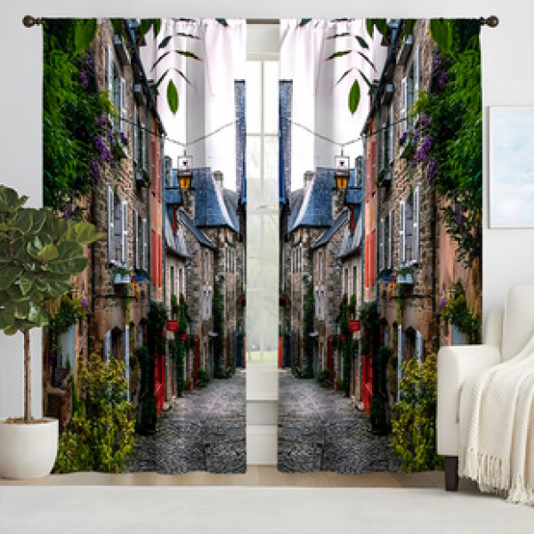 Manufacturer direct sales of 2pcs 3D digital printed curtains, town scenery series, fabric curtains and window screens