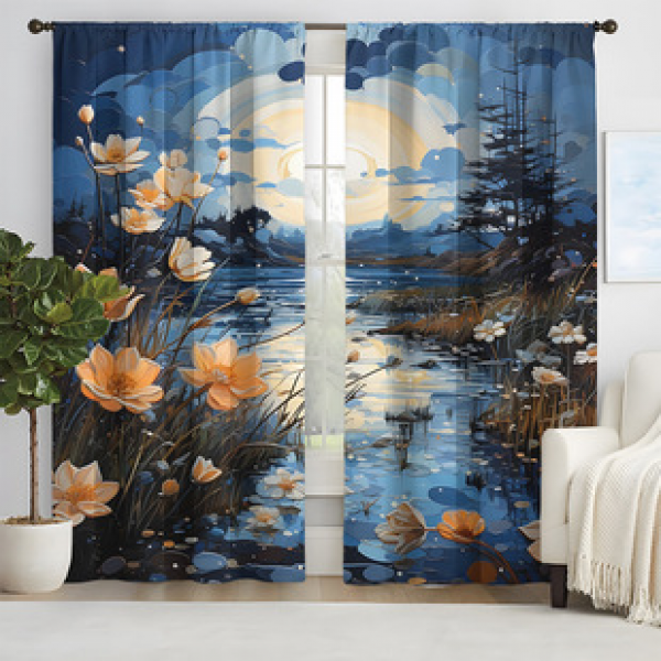 2pcs new river floral pattern curtains cross-border supplier for living room and bedroom 3D digital printing with high precision