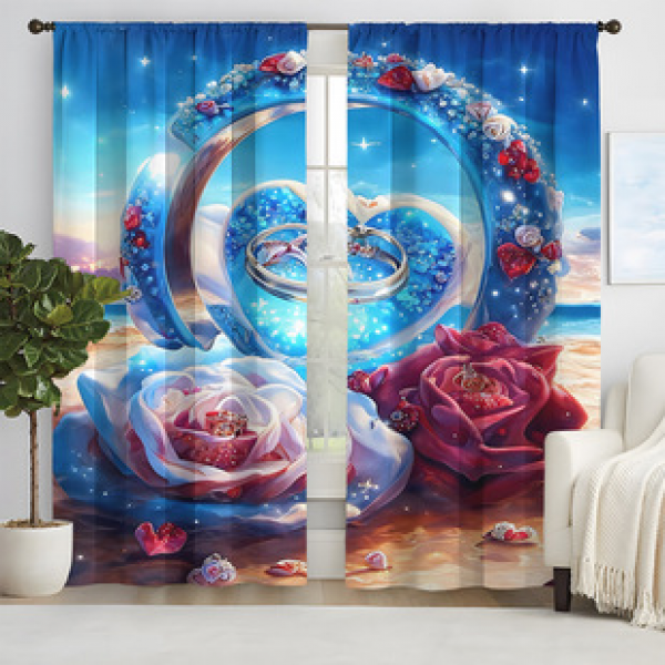 2pcs New Love Beach Pattern Curtains Cross border Manufacturer Supply Living Room Bedroom 3D Digital Printing High Precision