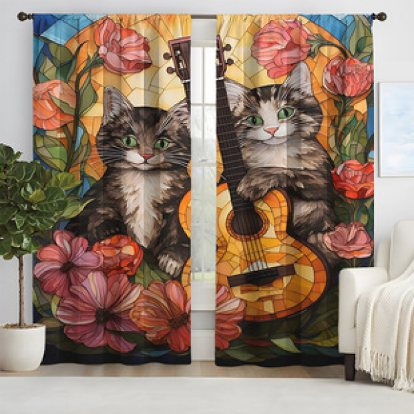 2pcs Guitar Cat Curtains Cross border Direct Sales Living Room Bedroom 3D Digital Printing High Precision Curtains
