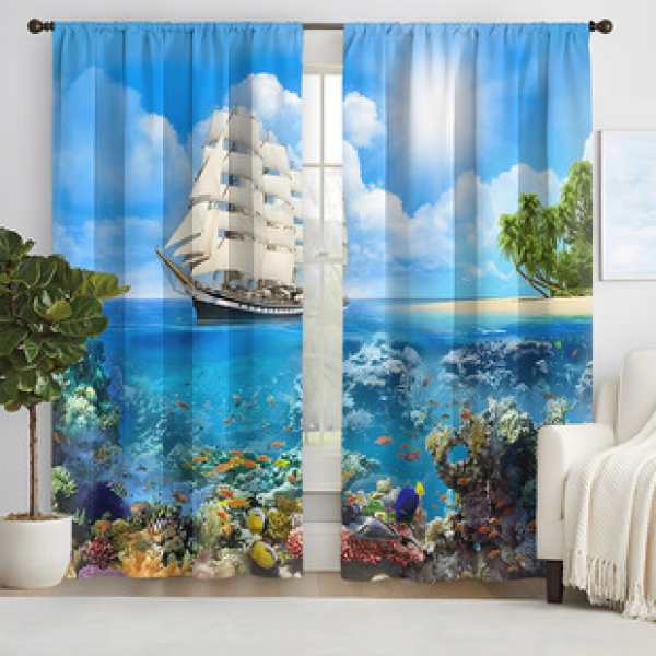 2pcs new ocean patterned curtains cross-border manufacturer supplies 3D digital printed high-precision curtains for living rooms and bedrooms