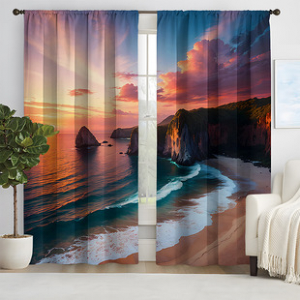 2pcs New Seaside Sunset Pattern Curtains Cross border Manufacturer Supply Living Room Bedroom 3D Digital Printing High Precision