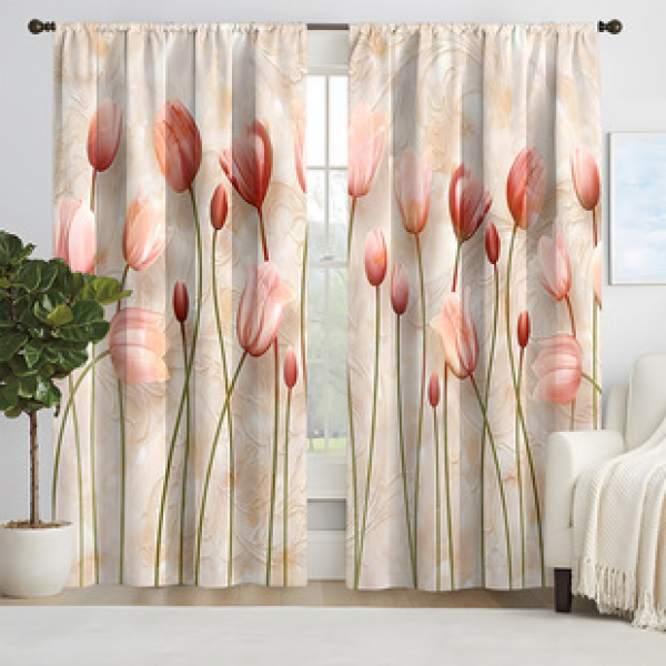 2pcs New Tulip Pattern Curtains Cross border Manufacturer Supply Living Room Bedroom 3D Digital Printing High Precision Windows