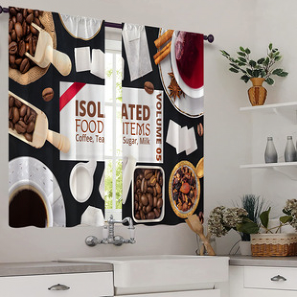 2pcs coffee product pattern cross-border hot selling factory direct supply 3D digital printing kitchen waterproof small curtains short curtains