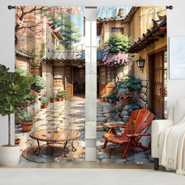 2pcs new curtains, courtyard patterns, cross-border manufacturer supply, living room, bedroom 3D digital printing, high-precision curtains
