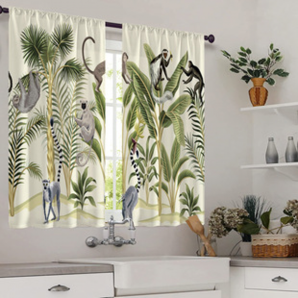 2pcs Kitchen Short Curtain Tropical Plant Pattern Cross border Hot Sale Factory Direct Supply 3D Digital Printing Waterproof and Oil proof