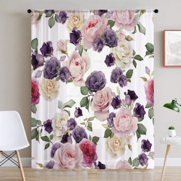 1pc new flower like brocade window screen with digital printing of floral patterns and decorative pole through window screen