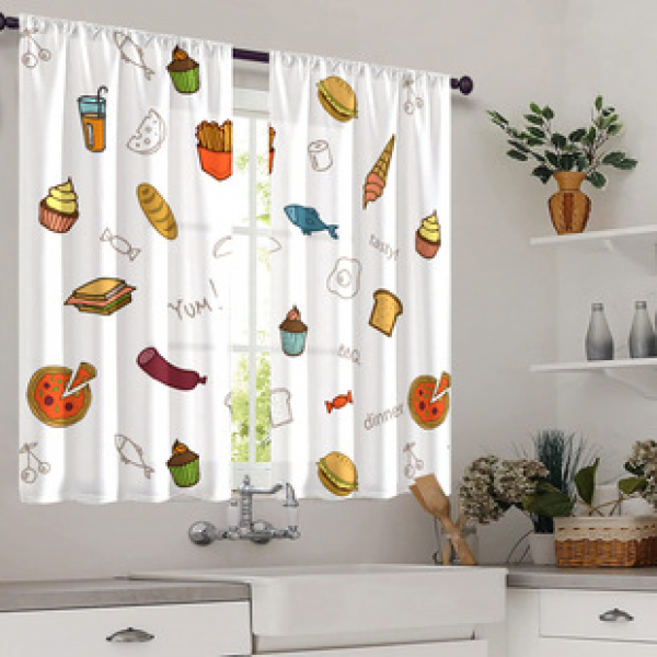 2pcs kitchen short curtain food pattern cross-border hot selling factory direct supply 3D digital printing waterproof and oil resistant