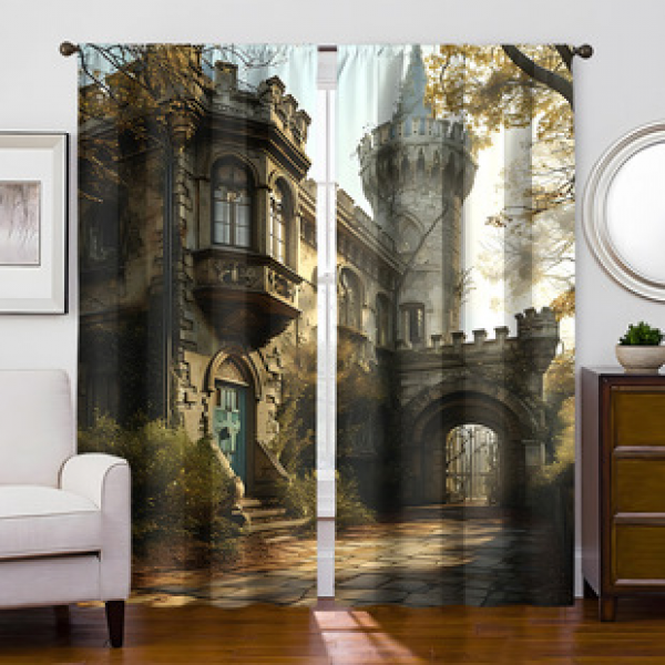 2pcs retro castle manufacturer supplies cross-border Amazon hot selling 3D digital printed fabric curtains and windows