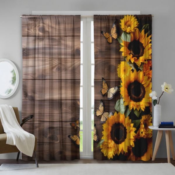 2PCS wooden sunflower curtain factory distributes 3D digital printed curtain products for cross-border Amazon hot sales