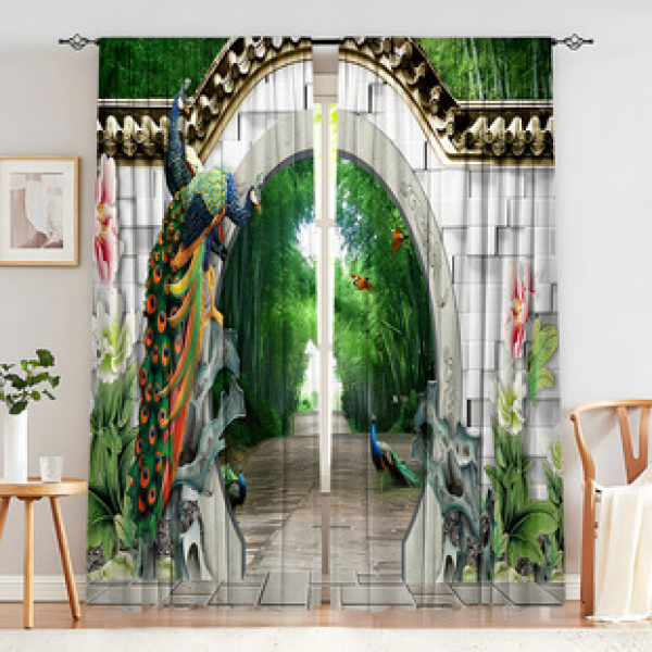 2PCS Art Peacock Curtain Factory Delivers 3D Digital Printing Cross border Amazon Curtain Hot Selling Pattern