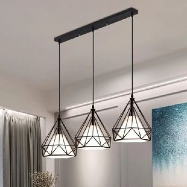 Modern minimalist living room dining room pendant light, ceiling light, personalized and creative dining room diamond wrought iron bar counter three headed pendant light