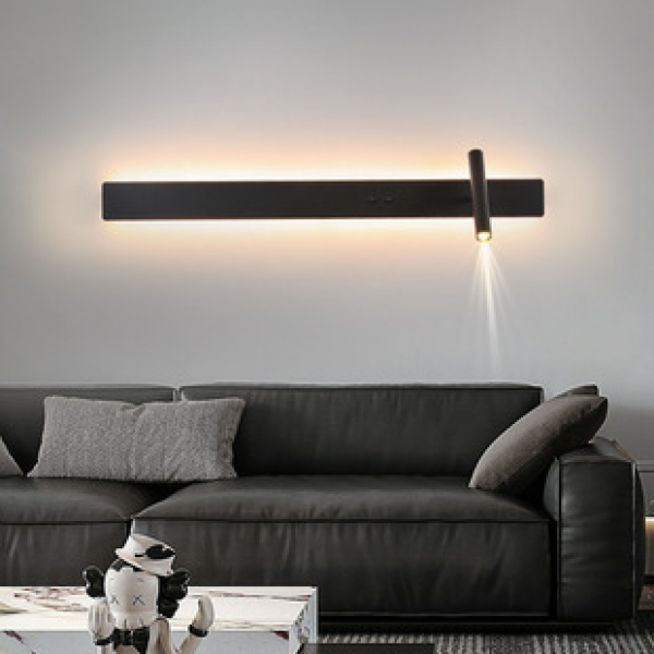 Minimalist long strip LED wall lamp, modern background wall bed lamp, creative with switch and rotatable spotlight, ambient wall lamp