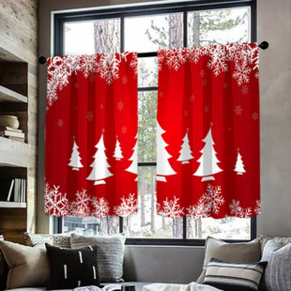 2pcs Christmas kitchen short curtain floral pattern cross-border hot selling factory direct supply 3D digital printing waterproof and oil resistant