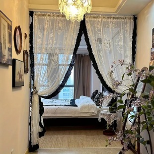 Cross border Jinyuan gauze with black fungus edge European style small curtains, window screens, door curtains, display windows, Nordic kitchen partitions, finished products