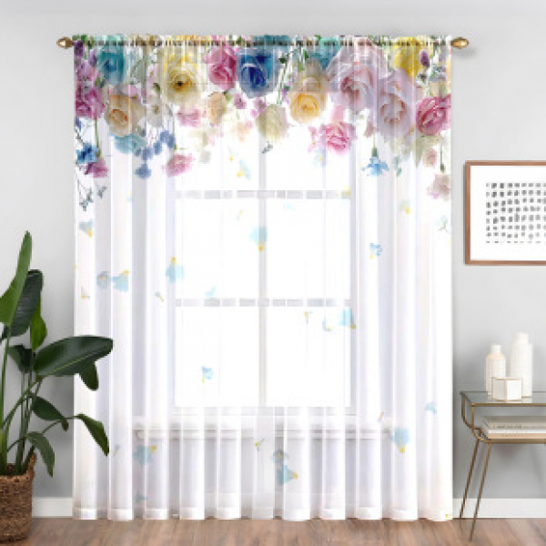 1pc new colorful floral window screen 3D digital printing bedroom living room decoration manufacturer direct sales through pole window screen