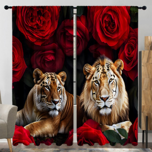 2PCS Tiger Lion Rose Style Curtains Factory Outsources 3D Digital Printing Cross border Amazon Curtains Hot Selling Flowers