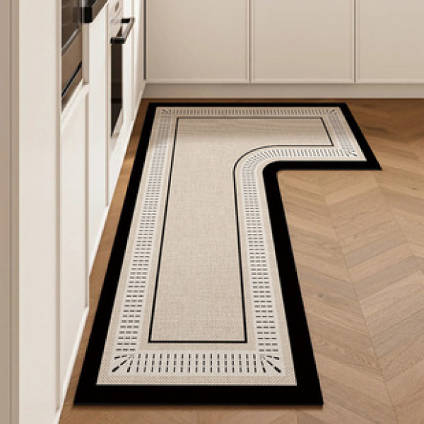 Minimally L-shaped kitchen floor mat made of leather with water absorption and quick drying for household use. Oil resistant, dirt resistant, and slip resistant floor mat for home use