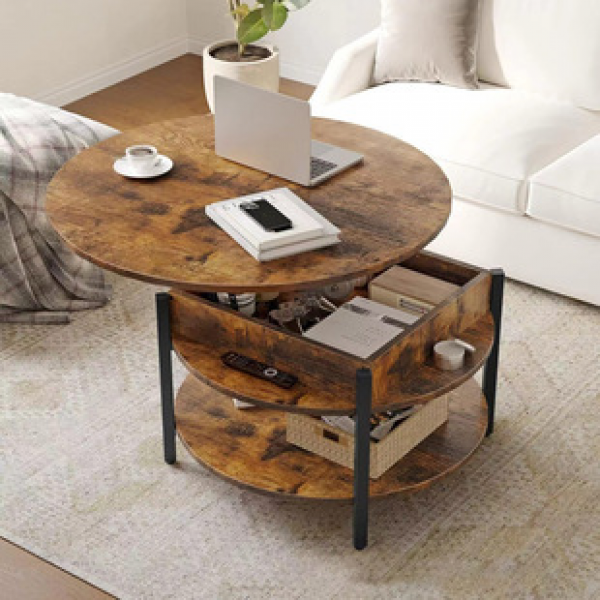 Manufacturer direct sales iron multi-layer circular coffee table, drawer style pull-out storage table, simple iron wood structure tea table